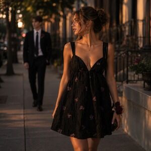 Love & Lemons Medium Black‎ Sequin Floral Babydoll Mini Dress Whimsigoth Fairy